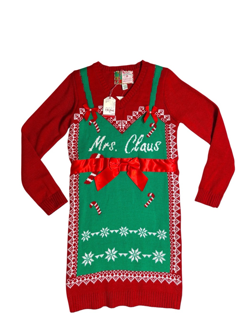 Mrs Clause faux apron ugly Christmas sweater dress women’s size M new wit tags